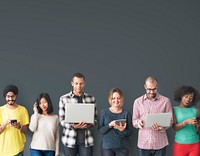 Diverse people with digital devices standing in a row