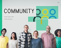 Diverse people with a community graphic in the background