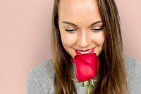 Young Lady Hugging Rose Smiling