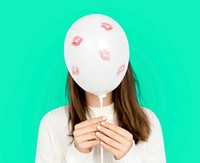 Young Lady Holding Balloon Kiss Marks