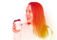 Happiness woman holding coffee cup with lipstick on it