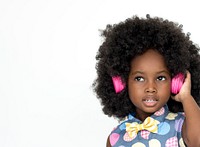 Little Girl Listening Music Headphones Studio Portrait