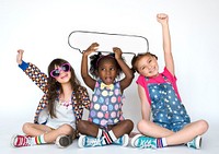 Children Girlfriends Smiling Happiness Speech Bubble Togetherness Studio Portrait
