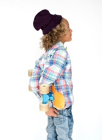 Little Boy Holding Skateboard Sport Activity Portrait