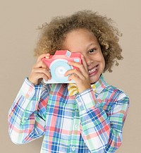 Little Boy Smiling Happiness Paper Craft Arts Camera Photographing Studio Portrait