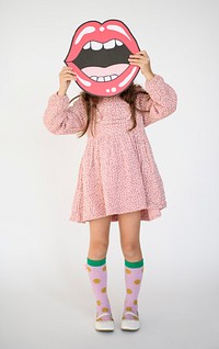 Little Girl Holding Papercraft Arts Smiling Mouth Studio Portrait