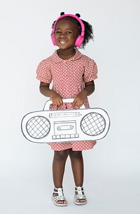 Little Girl Listening Music Headphones Paper Craft Radio Studio Portrait