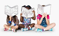 Children Girlfriends Reading Book Education Togetherness Studio Portrait