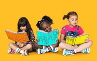 Children Girlfriends Reading Book Education Togetherness Studio Portrait