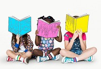 Children Girlfriends Reading Book Education Togetherness Studio Portrait