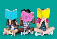 Children Girlfriends Reading Book Education Togetherness Studio Portrait