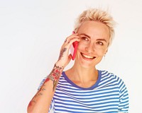 Caucasian woman talking mobile phone and smiling