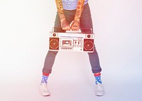 People woman holding stereo radio on the white background