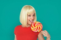 Caucasian Blonde Woman Tasting Lollipop