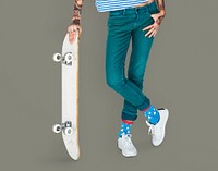 Tattoo Skater Holding Skateboard Extreme Sport Style