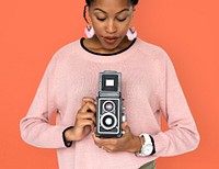 African Woman Camera Photographing Classic Retro Studio Portrait