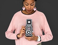 African Woman Camera Photographing Classic Retro Studio Portrait