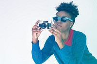 Funky woman Shooting Camera Studio Portrait