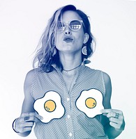 Woman Portrait Hands Holding Fried Eggs Studio