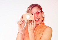 Woman gesture holding camera and taking photo