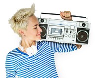 Caucasian Blonde Woman Headphones Jukebox