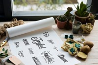 Painting Paper Words Icons Design Cactus Plants On A Wooden Table