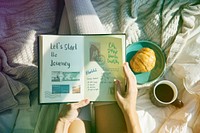 Woman Reading Note Diary On Bed Breakfast Morning