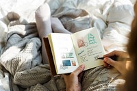 Woman Writing Notebook Diary On Bed Breakfast Morning