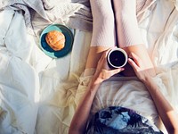 Woman Hot Coffee Croissant On Bed Morning