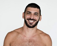 Middle Eastern Man Smiling Happiness Bare Chest Studio Portrait