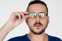 Man Thinking Hand Touch Eyeglasses