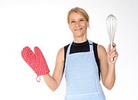 Woman Wear Apron Hold Whisk Cook