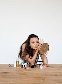 Woman Make Up Cosmetic Mirror Studio Portrait