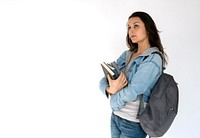 Young Woman Hold Books Backpack