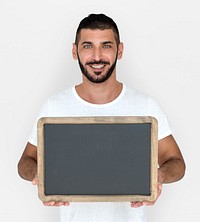 Man Holding Chalkboard Smiling Happy