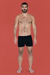 Caucasian Black Hair Male Model On Red Background