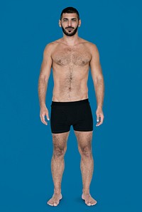 Caucasian Black Hair Male Model On Blue Background