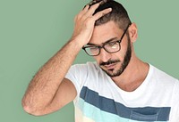 Middle Eastern Man Curious Stress Thinking Studio Portrait