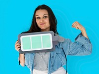 Young woman holding full battery on her hand