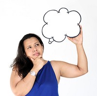 Woman Holding Speech Bubble Sign Thinking