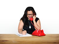 Woman Writing Talking Telephone Communication