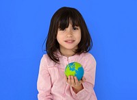 Little Girl Kid Adorable Cute Playful Globe Studio Portrait