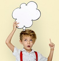 Little Boy Holding Papercraft Chat Bubble