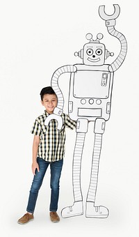 Boy Standing Full Body With Robot