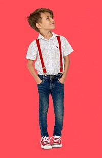 A Caucasian Boy Standing Looking Up Background Studio Portrait