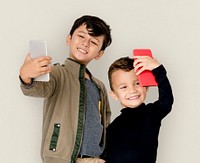 Boy Children Using Mobile Taking Selfie