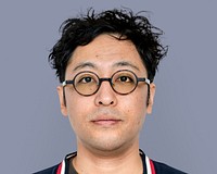 Asian man wearing glasses portrait, smiling face close up psd