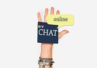 Woman holding a note with "Online Chat"