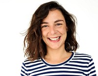 A woman with striped shirt is smiling