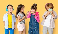 Happiness group of cute and adorable children listening music